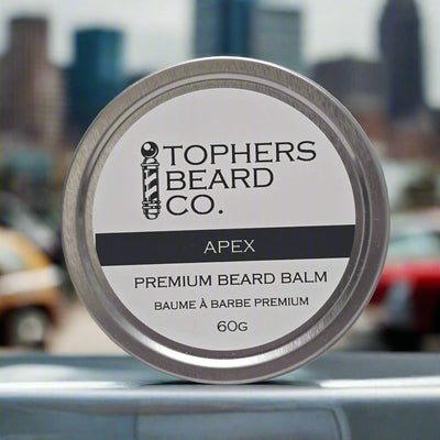 Silver tin of Topher's Beard Co. Apex premium beard balm (60g). Made in Brantford, ON.