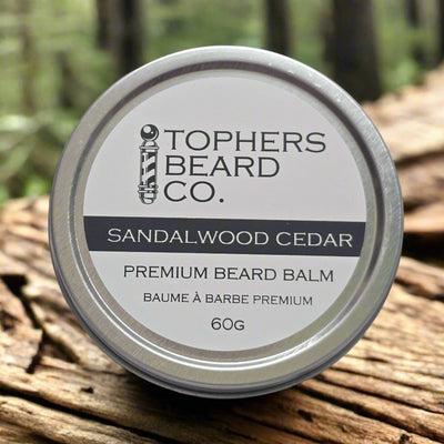 Silver tin of Topher's Beard Co. Sandalwood Cedar premium beard balm (60g). Made in Brantford, ON.