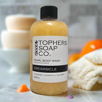 Topher's Soap Co. Dreamsicle pearl body wash (268ml). Cleanses, hydrates, nourishes. Made in Brantford, ON.