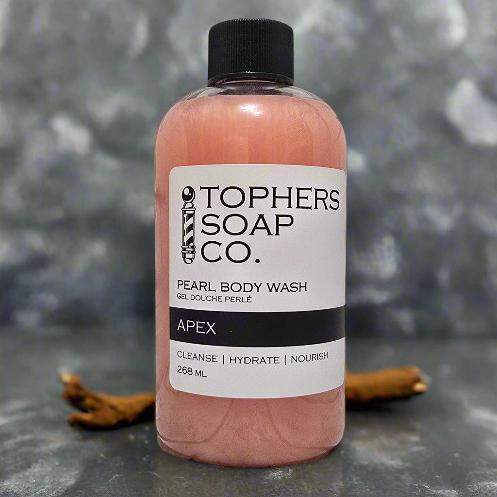 Topher's Soap Co. Apex pearl body wash (268ml). Cleanses, hydrates, nourishes. Brantford, ON.