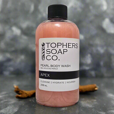 Topher's Soap Co. Apex pearl body wash (268ml). Cleanses, hydrates, nourishes. Brantford, ON.