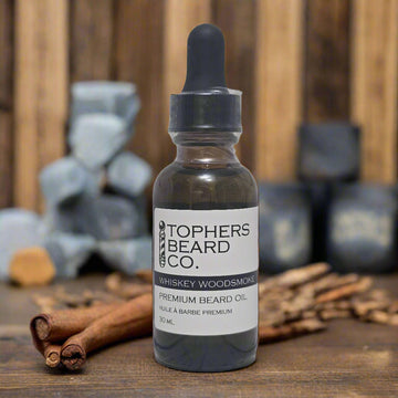 Topher's Beard Co. Whiskey Woodsmoke premium beard oil (30ml). Made in Brantford, ON.