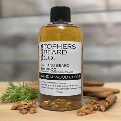 Topher's Beard Co. Sandalwood Cedar hair & beard shampoo (268ml). Gentle, sulfate-free. Brantford, ON.