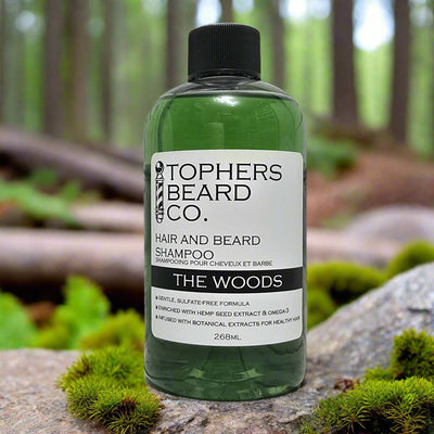 Topher's Beard Co. The Woods hair & beard shampoo (268ml). Gentle, sulfate-free. Brantford, ON.