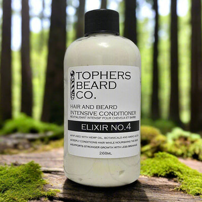 Topher's Beard Co. Elixir No. 4 hair & beard conditioner (268ml). Infused with hemp oil. Made in Brantford, ON.