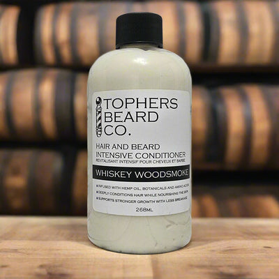 Topher's Beard Co. Whiskey Woodsmoke hair & beard conditioner (268ml). Made in Brantford, ON. Conditions & strengthens with hemp oil.