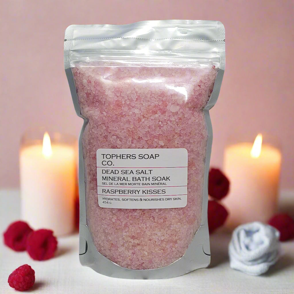 Topher's Soap Co. Dead Sea Salt Mineral Bath Soak - Raspberry Kisses Scent, Hydrating and Softening, Made in Canada