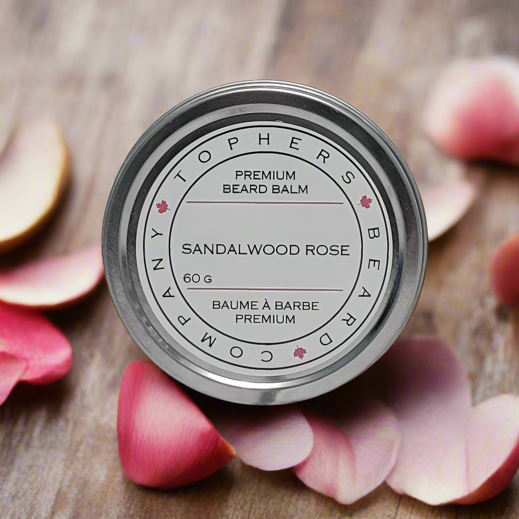 Topher's Beard and Soap Co. Mystical Beard Balm – 60 g tin shown open and closed on rustic white wood background, highlighting creamy texture and clean, minimalist label design