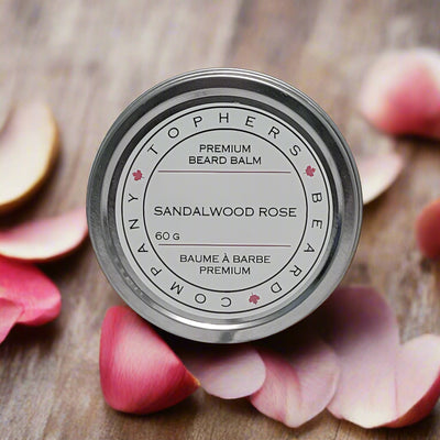 Topher's Beard and Soap Co. Mystical Beard Balm – 60 g tin shown open and closed on rustic white wood background, highlighting creamy texture and clean, minimalist label design