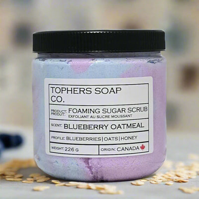 Topher's Beard and Soap Co. Blueberry Oatmeal Foaming Sugar Scrub – 226 g jar of purple and blue whipped sugar scrub with oats and blueberries, labeled with scent profile and Canadian origin