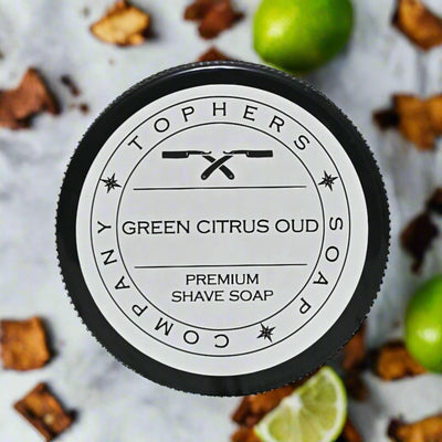 "Topher's Beard and Soap Co. Green Citrus Oud Shave Soap – handcrafted shaving soap bar with a rich citrus and oud fragrance, ideal for sensitive skin and smooth razor glide"