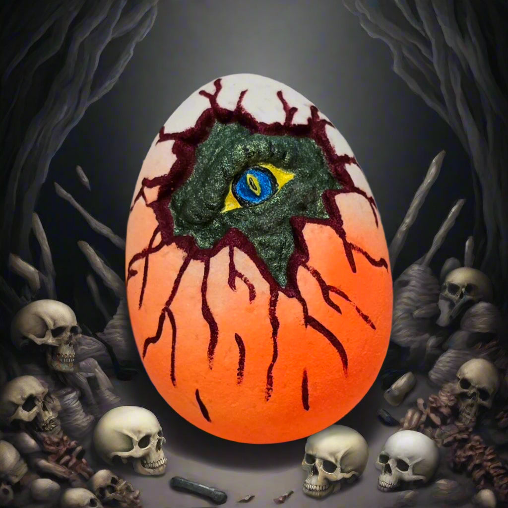 Topher’s Beard and Soap Co. Dragon Eye Bath Bomb – hand-painted egg-shaped bath bomb featuring a cracked surface with a vivid dragon eye peeking through, styled in a dark cave setting surrounded by skulls and bones for a mysterious, fantasy-inspired presentation.