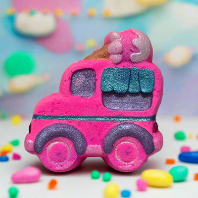 Pink, hand-painted Ice Cream Truck bath bomb from Brantford, ON. Fizzy and sweet-scented by Tophers Soap Co.