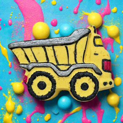Yellow Dump Truck bath bomb with silver accents from Brantford, ON. Fizzy fun with a hidden toy. Tophers Soap Co.