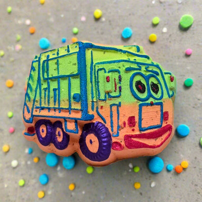 Tophers Soap Co. Hand-painted Gary the Garbage Truck bath bomb from Brantford, ON. Blue Razz scent with a hidden toy.