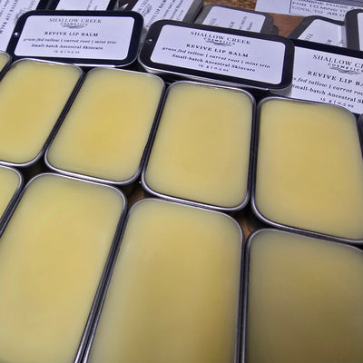 Several open tins of Shallow Creek Cosmetics Revive Lip Balm, showing the solid, pale yellow product. Each tin is labeled as a 15g, 0.5 oz grass-fed tallow, carrot root, and mint trio balm.