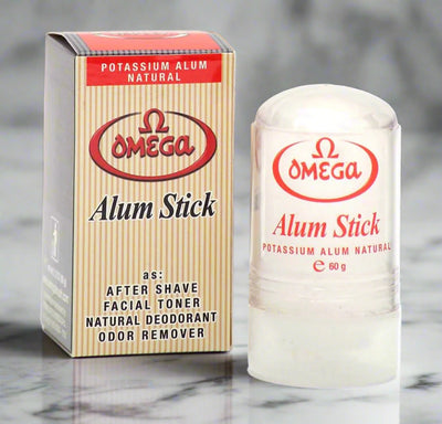 Omega Alum Stick: a natural potassium alum stick for aftershave, toning, and deodorant use.  Available at Tophers Soap Co.