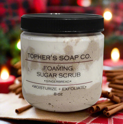 Limited-edition Gingerbread Foaming Sugar Scrub from Tophers Soap Co., a holiday classic for exfoliating and moisturizing, with the nostalgic scent of sweet molasses and spices. Made in Brantford, Canada.