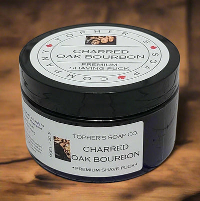 Charred Oak Bourbon Premium Shaving Puck from Tophers Soap Co.: a high-quality shave soap for a rich lather and smooth shave. Made in Brantford, Ontario.