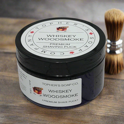 Whiskey Woodsmoke Premium Shaving Puck from Tophers Soap Co.: a high-quality shave soap for a rich lather and smooth shave. Made in Brantford, Ontario.