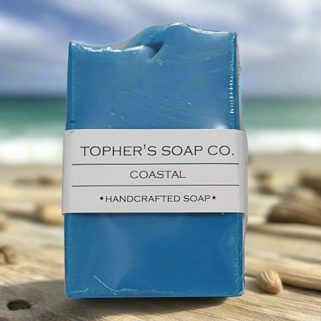 Coastal handcrafted soap from Tophers Soap Co.: a fresh, aquatic-scented bar with a creamy lather. Made in Brantford, Ontario.