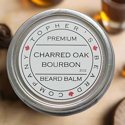 Charred Oak Bourbon Beard Balm from Topher's Beard Company: medium hold, conditioning, with a bold bourbon scent. Made in Brantford, Ontario.