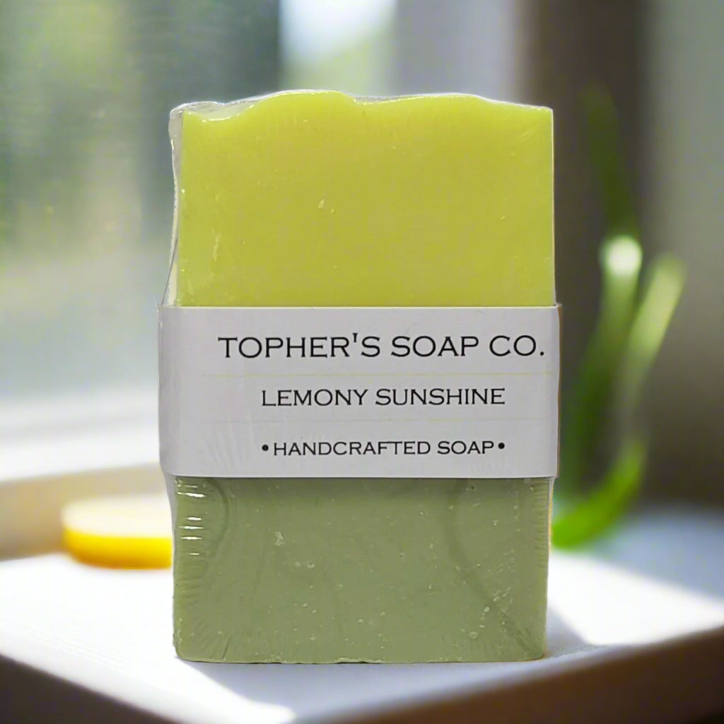 Lemony Sunshine handcrafted soap from Tophers Soap Co.: a palm-free bar with an uplifting citrus aroma. Made in Brantford, Ontario.