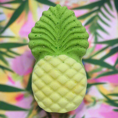 Topher's Beard and Soap Co. Pineapple Hand Painted Bath Bomb – a bright yellow tropical-themed bath bomb styled with lush greenery and pineapple slices, designed for vibrant bath art and juicy summer fragrance.