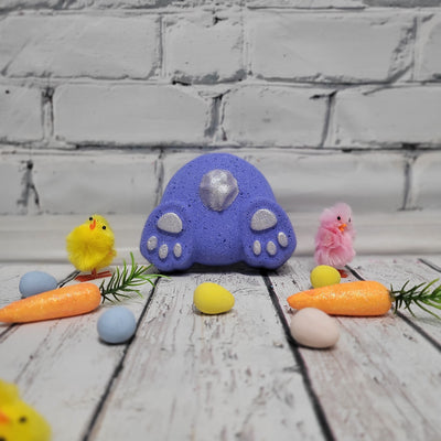 Cute Purple Bunny Butt Bath Bomb with Easter Chicks and Carrots - Tophers Beard and Soap Co. Ontario.