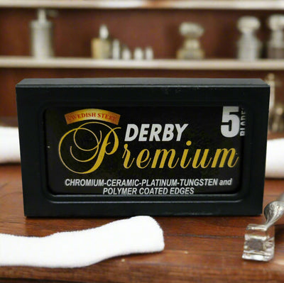 Derby Premium Double Edge Razor Blades - 5 Blades, Chromium-Ceramic-Platinum-Tungsten & Polymer Coated, Available in Brantford, Ontario, Canada