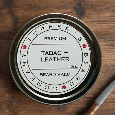 Topher's Premium Tabac + Leather Beard Balm - 2oz Tin, Conditioning Beard Care, Made in Brantford, Ontario, Canada