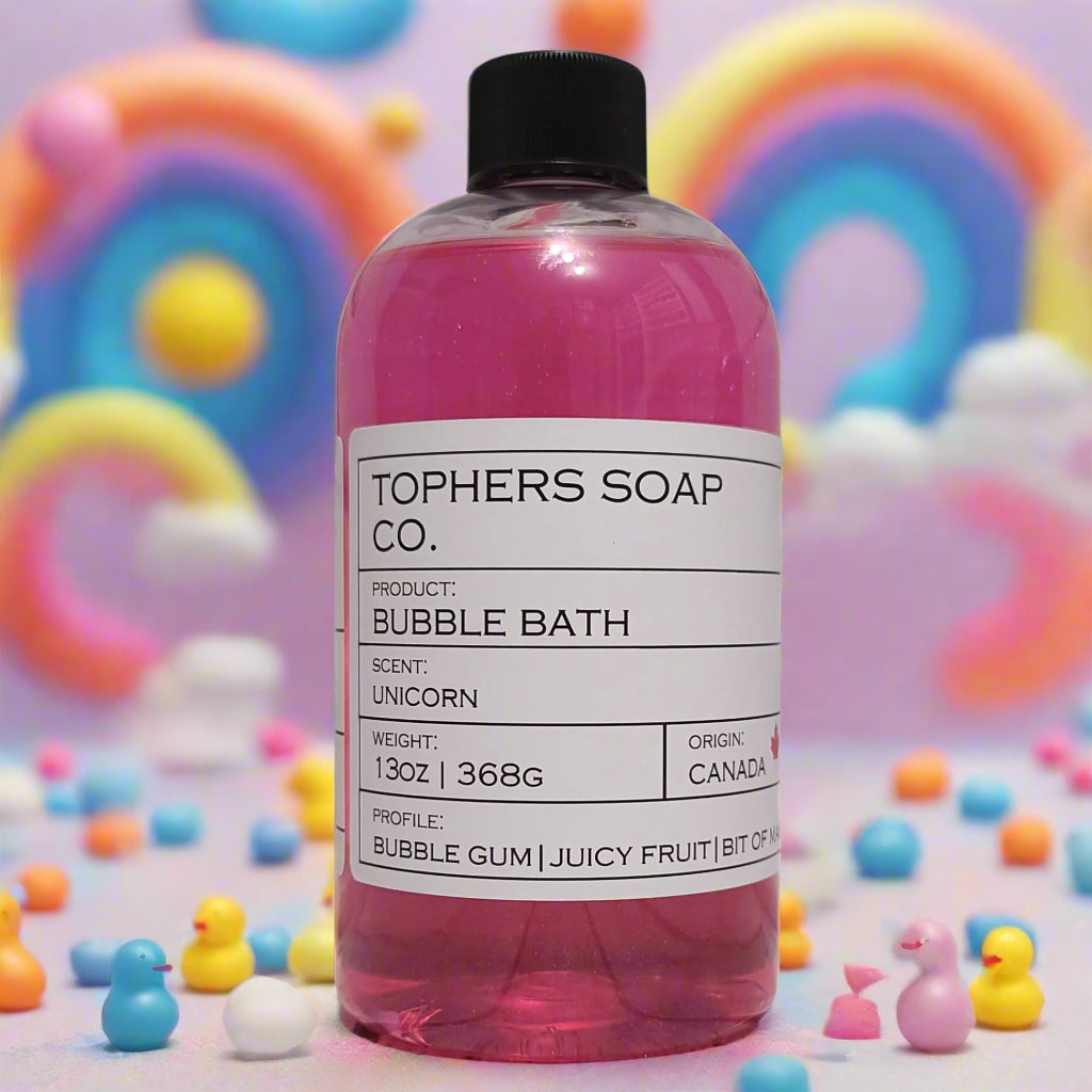 Unicorn Bubble Bath from Tophers Soap Co.: a sweet and fun bubblegum-scented bath for a gentle and playful soak. Handcrafted in Brantford, Ontario.