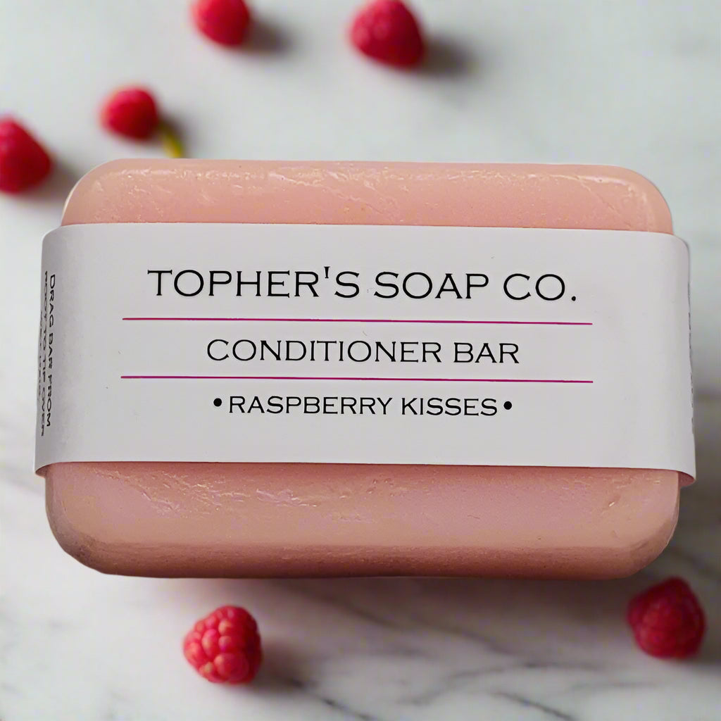 Raspberry Kisses Conditioner Bar from Tophers Soap Co.: long-lasting, zero-waste hair care for soft and shiny locks.