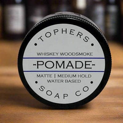 Topher's Whiskey Woodsmoke Pomade - Matte, Medium Hold, Water Based Hair Styling Product, Made in Brantford, Ontario, Canada