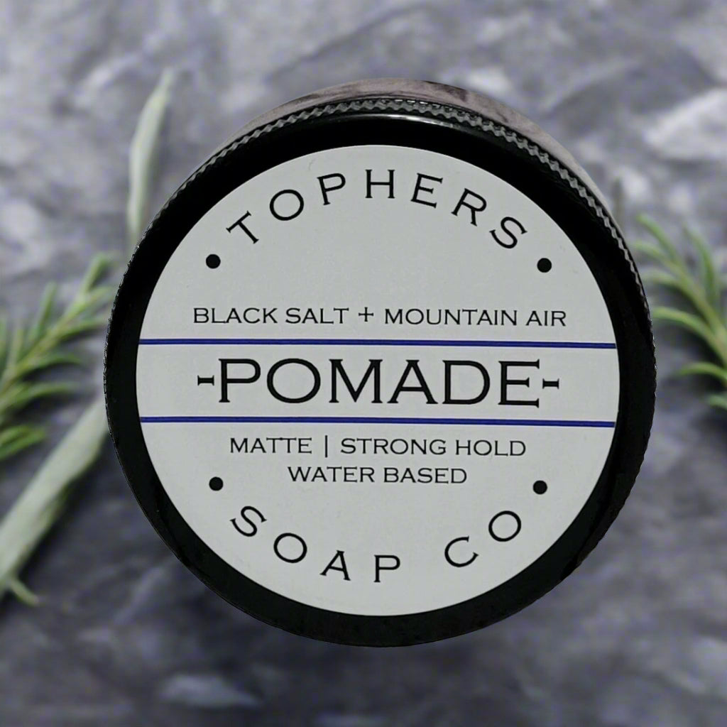 Here's the SEO-optimized alt text for this image:

Topher's Black Salt + Mountain Air Pomade - Matte, Strong Hold, Water Based Hair Styling Product, Made in Brantford, Ontario, Canada