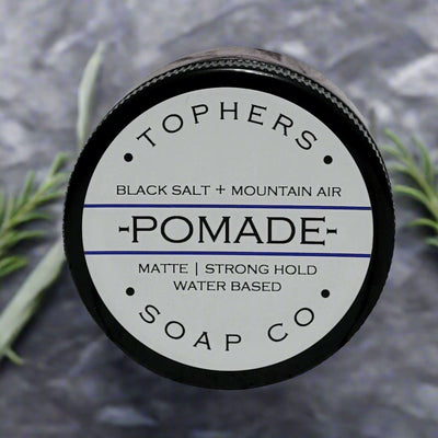 Here's the SEO-optimized alt text for this image:

Topher's Black Salt + Mountain Air Pomade - Matte, Strong Hold, Water Based Hair Styling Product, Made in Brantford, Ontario, Canada