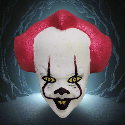 A collectible bath bomb featuring the recognizable and terrifying face of Pennywise, showcasing the hand-painted details for a spooky and unique bath. Made in Brantford, Canada.