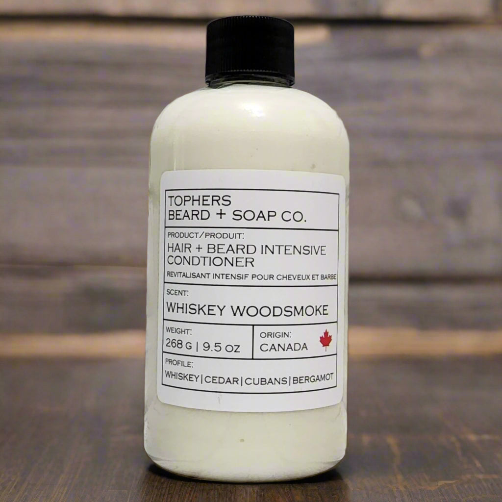 Topher's Beard + Soap Co. Whiskey Woodsmoke Hair + Beard Intensive Conditioner - Whiskey, Cedar, Cubans & Bergamot Scent, Made in Brantford, Ontario, Canada