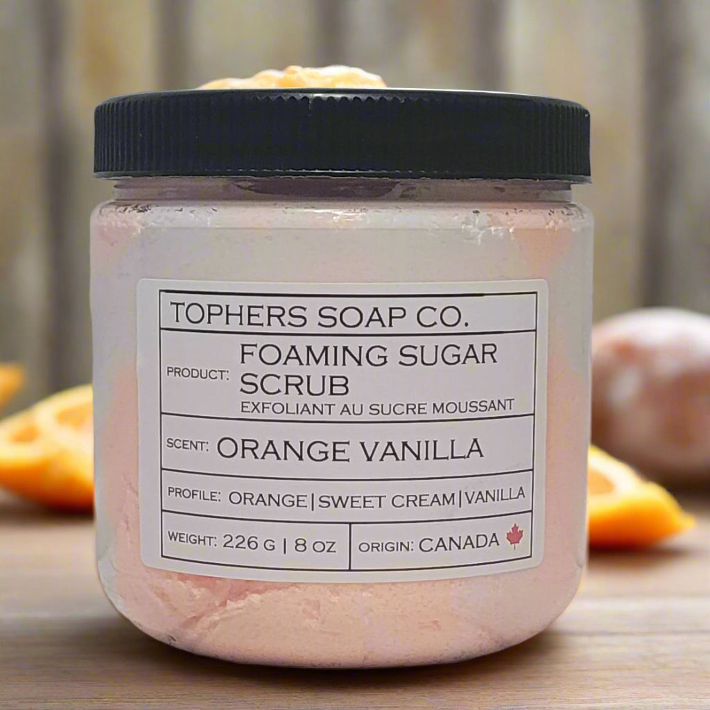Orange Vanilla Foaming Sugar Scrub from Tophers Soap Co.: gentle exfoliation with a nostalgic creamsicle scent. Made in Brantford, Ontario.