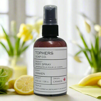 Topher's Soap Co. Awaken Body Spray - Lemon Verbena, Bergamot & Rosewood Scent, Made in Brantford, Ontario, Canada