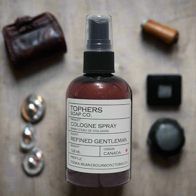Refined Gentleman Cologne Spray by Tophers Soap Co., a Canadian-made fragrance available in Brantford, Ontario.