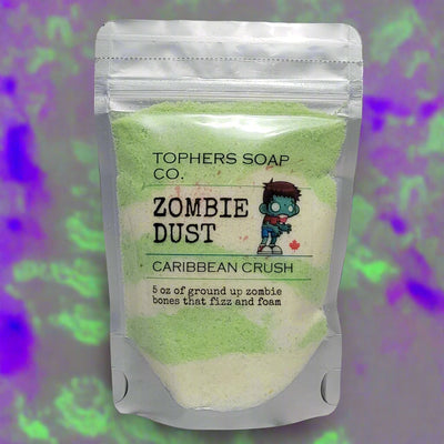 Zombie Dust Bath Powder from Tophers Soap Co.: fizzy, colorful, and scented in Caribbean Crush. Made in Brantford, Ontario.