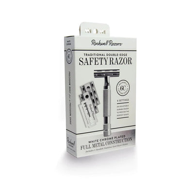 Retail box for the Rockwell 6C White Chrome Double Edge Safety Razor, highlighting its 6 adjustable shave settings. Available at Tophers Soap Co. in Brantford, Ontario.