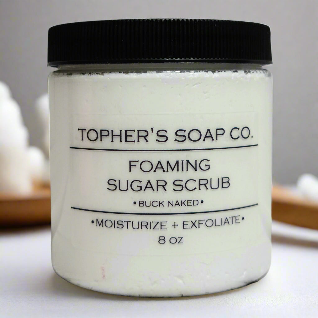 White Unscented Sugar Scrub against a white brick background