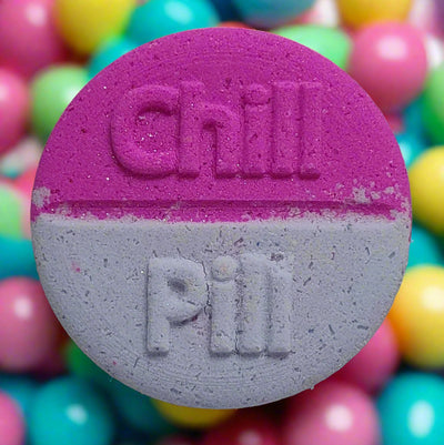 Blue Raspberry Slushy Chill Pill Bath Bomb from Tophers Soap Co.: a jumbo bath bomb with a nostalgic and sweet blue raspberry fragrance. Made in Brantford, Ontario.