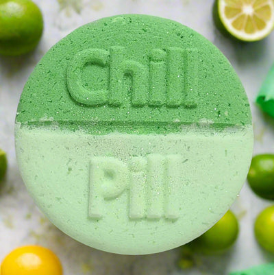 Margarita Lime Chill Pill Bath Bomb from Tophers Soap Co.: a jumbo bath bomb with a refreshing and invigorating lime fragrance. Made in Brantford, Ontario.