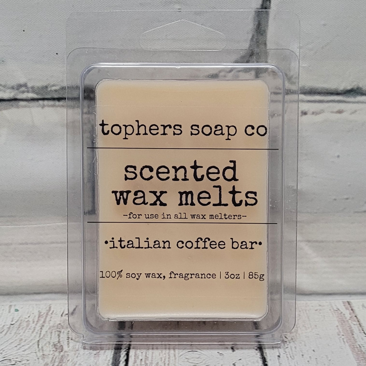 Tophers Soap Co. Italian Coffee Bar scented wax melts in recyclable packaging, made with 100% soy wax in Brantford, Ontario.