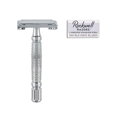 Rockwell Razors R1 Chrome Double Edge Razor with included blade pack, available at Tophers Soap Co.
