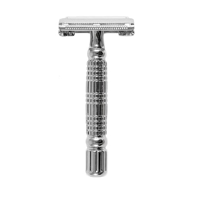 Top-down view of the chrome Rockwell R1 Rookie Butterfly Safety Razor, a beginner-friendly option from Tophers Soap Co. in Brantford, Ontario.