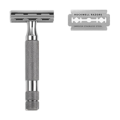 Rockwell 2C Gunmetal Double Edge Safety Razor with a Rockwell Swedish Stainless Steel blade, available at Tophers Soap Co. in Brantford, Ontario.